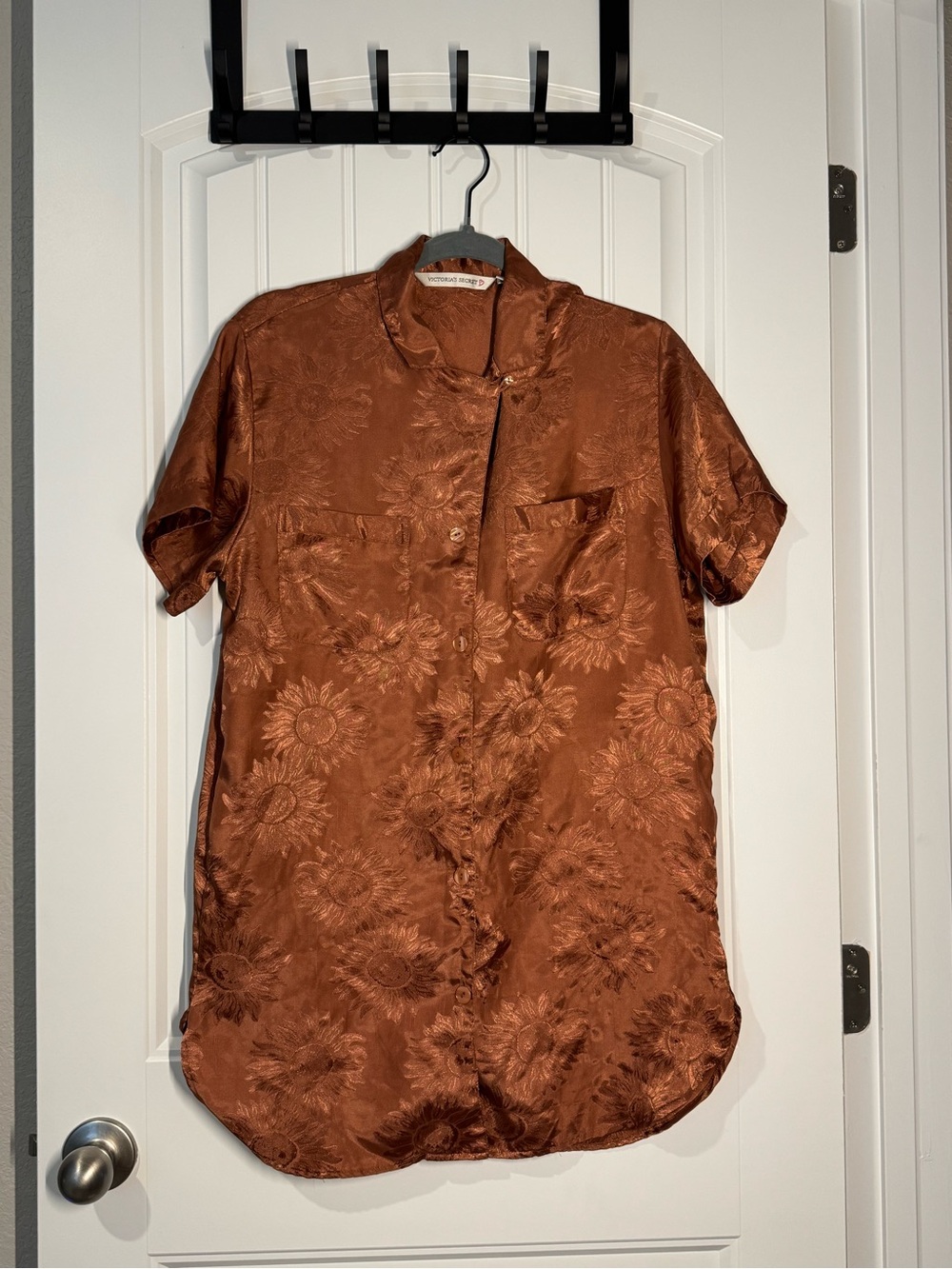 Y2K Victoria's Secret Copper Satin Floral Short Sleeve Sleep Shirt